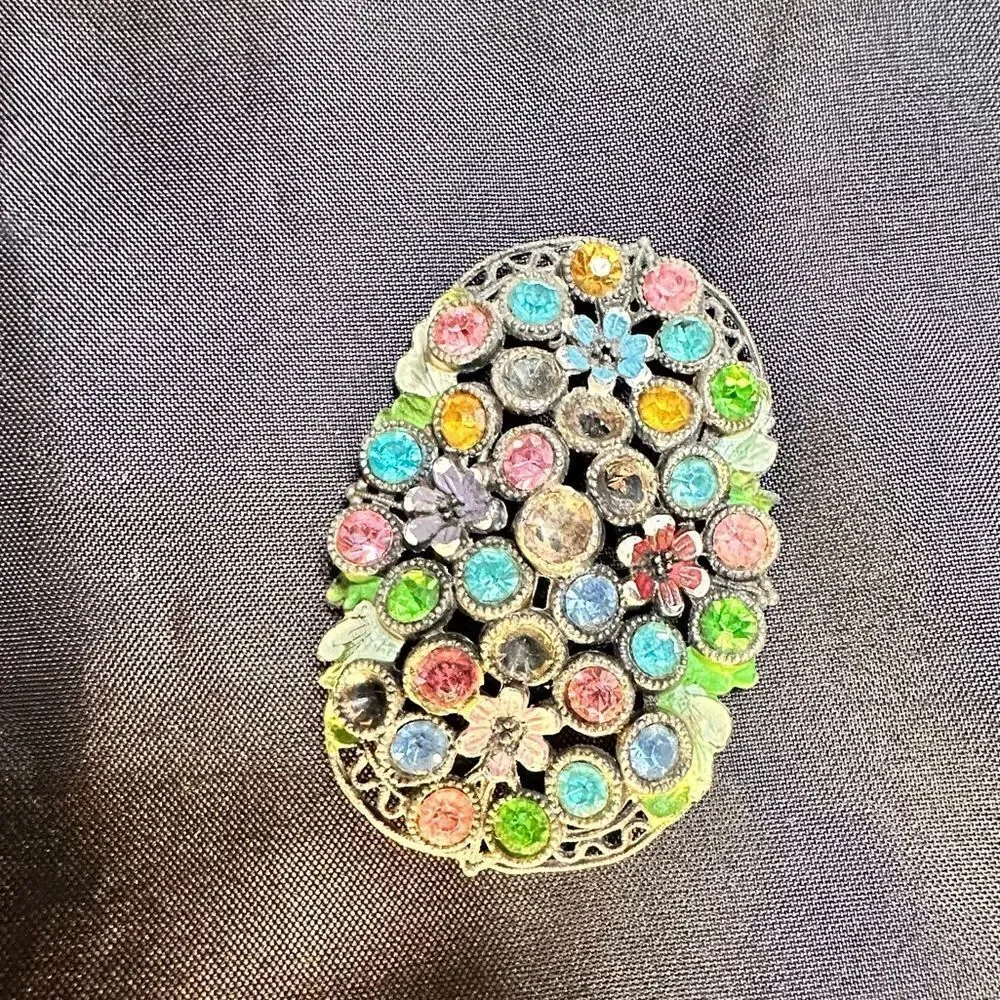 Vintage 1940’s Little Nemo Rhinestone and Painted Floral Brooch